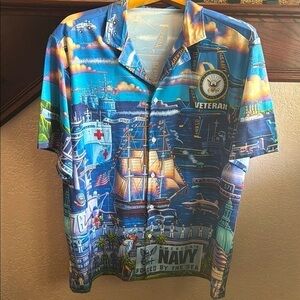 Navy Themed  Mens Size XL Graphic Short Sleeve Button Up Casual Patriotic Shirt